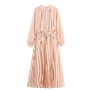 ZA 2026 Autumn New Floor-Length Vintage Casual <b>Elastic</b> Waist Button Closure with <b>Belt</b> Pleated Round Neck Long Sleeve Dress - Product Image 1