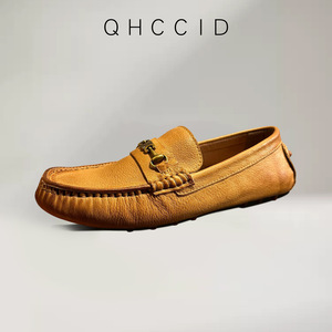 Mocassins en cuir véritable pour hommes, semelle souple, boucle en métal, chaussures décontractées, talon bas, à enfiler, marron - Product Image 2