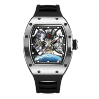 Montre mécanique de luxe pour homme, thème spatial, cadran astronaute, boîtier tonneau, bracelet en silicone noir, résistante à l'eau, style sport argenté