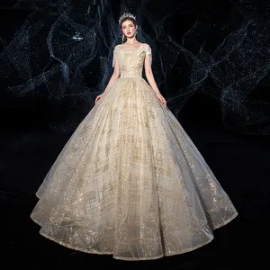 Robe de mariée couleur Champagne, taille personnalisée, tenue de mariage de luxe scintillante, col bateau Bling, robes de bal de princesse, nouvelle collection, 2020