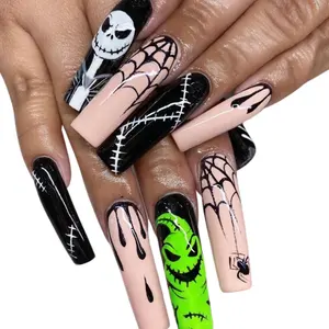 Atacado Handmade Unhas Artificiais super longo Coffin Press On Nails halloween Acrílico Stick Nails com padrão do crânio