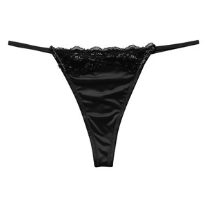 Culottes string en satin à fines bretelles pour femmes, taille basse, couleur unie noire, douces, extensibles, sexy, sous-vêtements T-back pour dames, vente en gros - Product Image 1