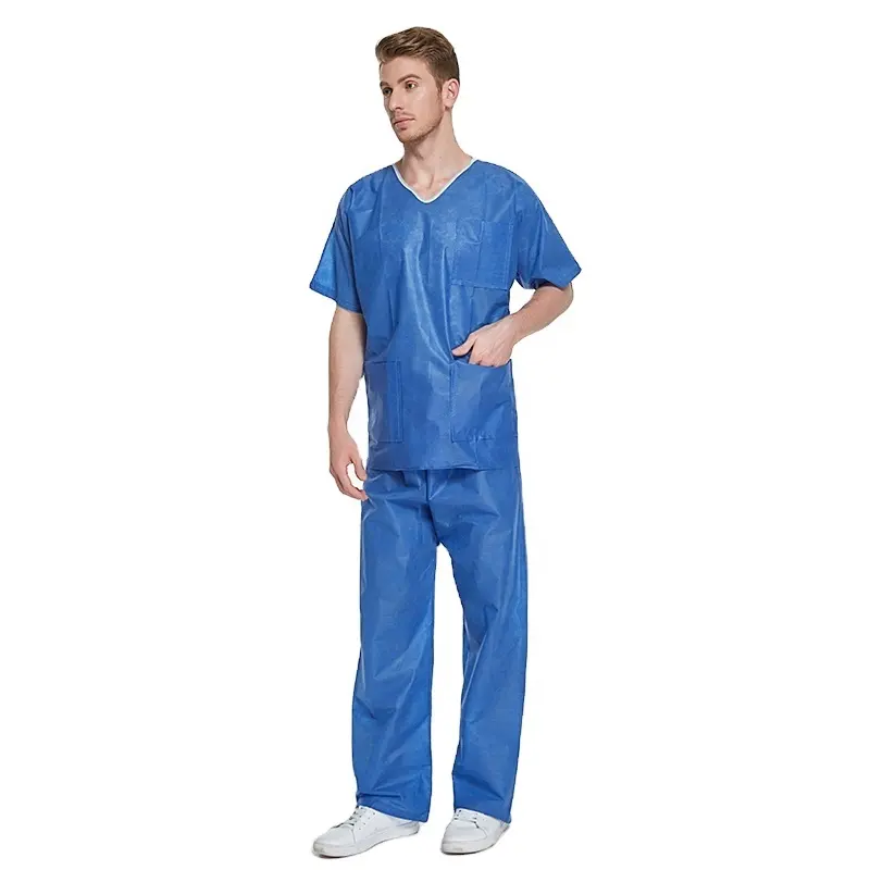 Manga corta SMS Hospital bata traje conjunto de ropa desechable uniforme de traje de enfermería Bata