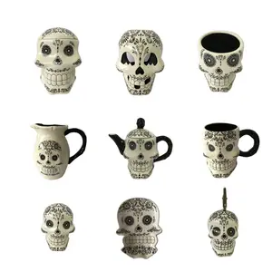 定制头骨马克杯陶瓷用于万圣节假日; 墨西哥贴花头骨陶瓷头骨杯; 陶瓷头骨头板