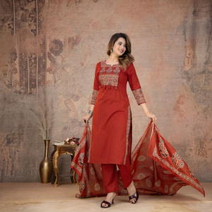 Traditional <b>Indian</b> Women's Red Cotton Ajrakh Print Knee-Length Quick Dry <b>Kurta</b> Set Dupatta Regular Fit Casual Wear Spring Diwali - Product Image 1