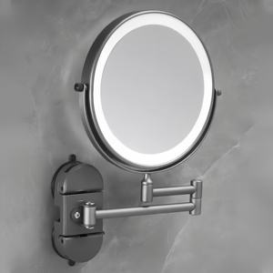 Miroir de salle de bain en métal moderne à double face avec grossissement rotatif télescopique pliable mural, couleur personnalisable LED - Product Image 3