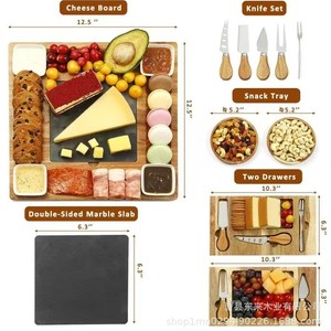 Donglai Bamboo Cheese Board With Drawers 12.5 In Double-Sided Marble Slab <b>Knife</b> Set For Party Snack Serving - Product Image 1