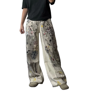 Custom High Streetstyle White Graffiti Dyeing Splatter Dirty Jeans para hombres Vintage Street Style Hip Hop Baggy Jeans Pant - Product Image 1