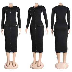 Robe longue moulante en tricot à manches longues de couleur unie pour femme, style décontracté automne - Product Image 6