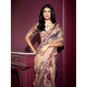 Sari de travail lourdement orné de sequins, de fils, de zari, de dori, de miroirs et de broderies manuelles, imprimé S - Product Image 1