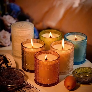 Lilin Aroma dalam Stoples Kaca Berukir Motif Bunga Warna-warni, Lilin Aroma Suvenir Pribadi Buatan Tangan Kelas Atas - Product Image 1