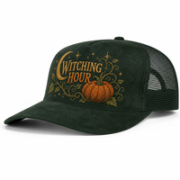 Casquette Trucker Unisexe Personnalisée à 5 Panneaux en Maille Structurée Brodé Motif Patch Citrouille Récolte d'Automne, Visière Courbée