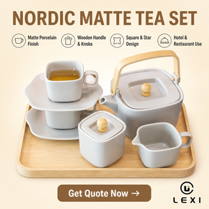 Set da Tè in Porcellana Opaca Stile Nordico con Manico in Legno, Design a Stella Quadrata, Logo Personalizzato, Teiera, Tazze, Piattini, Lattiera e Vassoio - Product Image 2