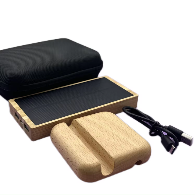Corporate Gifts Sets Wooden Solar Bamboo Power Bank 8000mAh Wooden Phone Holder Mobile Phone Charger Stand with Charging Cable