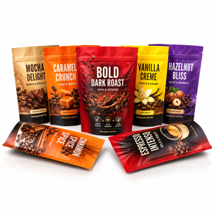 Ensemble de sachets de café imprimés sur mesure, sachets refermables à fermeture éclair, emballage pour saveurs intenses : Mocha, Caramel, Vanille, <span class=keywords><strong>Noisette</strong></span>, Espresso - Product Image 1