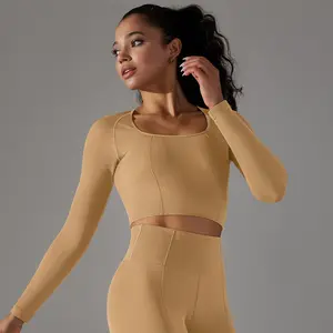 Kaus pembentuk tubuh bergaris titik warna polos kaus kontrol perut kerah rendah elastis tinggi atasan lengan panjang untuk wanita pakaian Yoga tanpa kelim