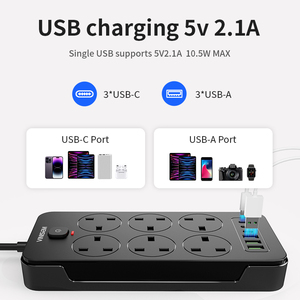 Vinisem 6 lỗ đa chức năng Ổ Cắm Điện mở rộng ổ cắm với USB và <span class=keywords><strong>Type</strong></span>-C UK tiêu chuẩn màu đen Power Strip - Product Image 4