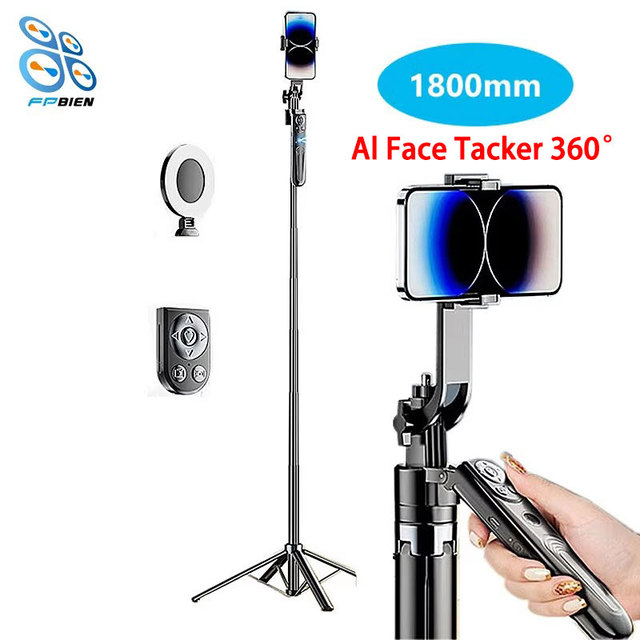 New 1.8m Extra Long 6 in 1 Remote Control AI Face Tracking Selfie Stick Tripod with Ring Light Handle for Smart Phone Camera