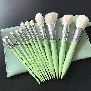 New Coming 12pcs High quality green makeup brush set with OPP bag or PU bag ready stock now own private label makeup set