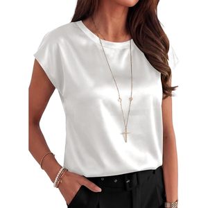 Women Silk Satin Cap Sleeve <b>Blouse</b> Crew Neck Breathable Office Casual Top 2026 Summer Outfit - Product Image 3