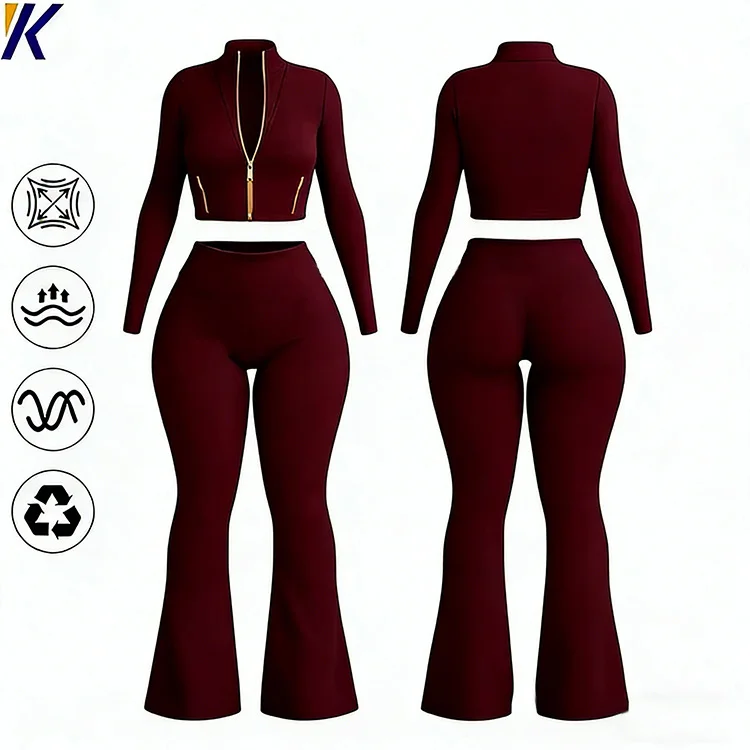 Activewear 2026 Breathable Full Zipper Cropped Yoga Jacket With Flared Pants Gym Fitness 2pcs Women Workout Tracksuits for Girl