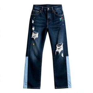 Jean en denim déchiré coupe droite pour homme, taille mi-haute, en coton délavé, style décontracté ample, collection automne - Product Image 2