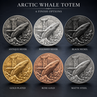 Pièce de monnaie commémorative 3D personnalisée en relief, motif baleine arctique, pièce de défi en argent antique, cadeau souvenir, vente en gros directe usine