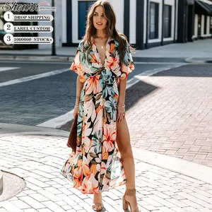 Summer Beach Vacation Slit Kimono Lange Maxi kleider Böhmische Kleidung Frauen Blumen Boho Kleid