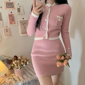 Spring and Autumn Sexy Knit Set O-neck Long Sleeve Cardigan with Hip Wrapped Short Dress Hot Fashion Knit Set Ladies