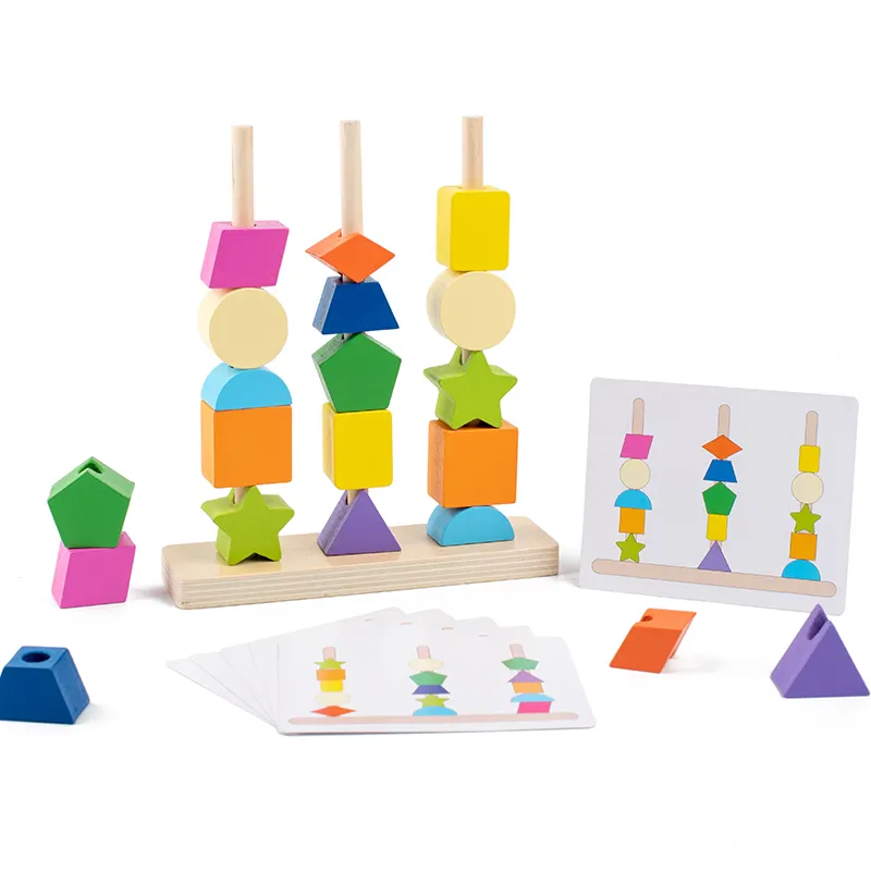 Montessori Holzperlen-Sequenzierspielzeug-Set, Stapelblöcke und passende Formstapler, STEM-Vorschulen-Lernspielzeug