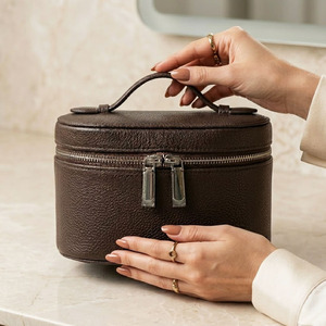 Coffee Litchi Pattern PU Leather <b>Makeup</b> Bag Cylindrical Travel Toiletry Case Large Capacity <b>Vanity</b> Organizer Cosmetic Box Handle - Product Image 2