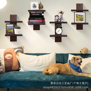Wooden Double Layer Wall Mounted <b>Shelf</b> Brown Rectangle Floating Storage <b>Rack</b> For Home Decoration Living Room Bookshelf Plant - Product Image 4