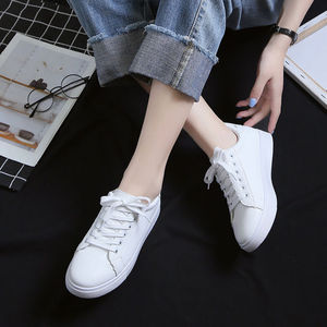 Baskets Blanches <span class=keywords><strong>Femme</strong></span> à Lacets <span class=keywords><strong>Pas</strong></span> <span class=keywords><strong>Cher</strong></span> en Gros, Chaussures Plates en <span class=keywords><strong>Cuir</strong></span> PU Respirantes à Coupe Basse, Style Marche à Semelle Souple - Product Image 4