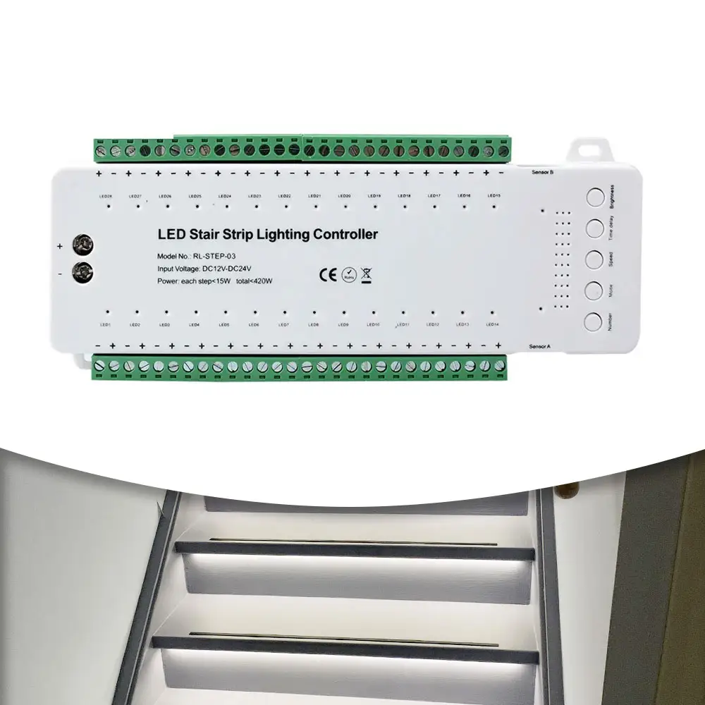 28 Channel Stair LED PIR Motion Sensor Controller Dimming LED Strip light 5050 Automatic Indoor Stairway Ladder Night Light 12V