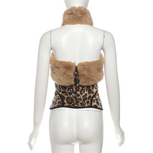 ชุดเซ็ตผู้หญิง Viviblook Z1230ST03 ใหม่ เสื้อครอปแขนกุดแบบไม่มีสาย แต่งปกขนสัตว์ ประดับเลื่อม กระโปรงผ้าพลัฌ ชุดสองชิ้น - Product Image 4