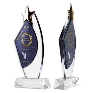 New Design Custom Engraving K9 Clear Crystal Trophy Award Plaque With Gold Metal Star