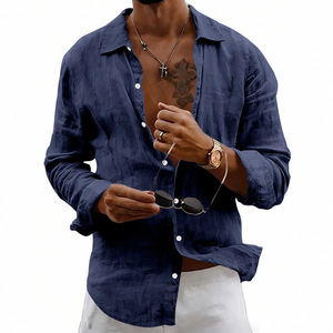 Cross-border Foreign Trade <b>Men's</b> Summer New Solid Color Thin Loose <b>Cardigan</b> Lapel Versatile Linen <b>Long</b>-sleeved Shirt Beaded - Product Image 3