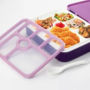 Nuovo Design in plastica a prova di perdite completamente 6 scomparti scatola da pranzo Bento isolata termicamente con cucchiaio e bottiglia