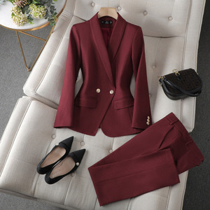 Women's Burgundy Suit Set Full Sleeve Worsteds Anti-Wrinkle Office Lady Commute 2-Piece Formal Wear - Product Image 1