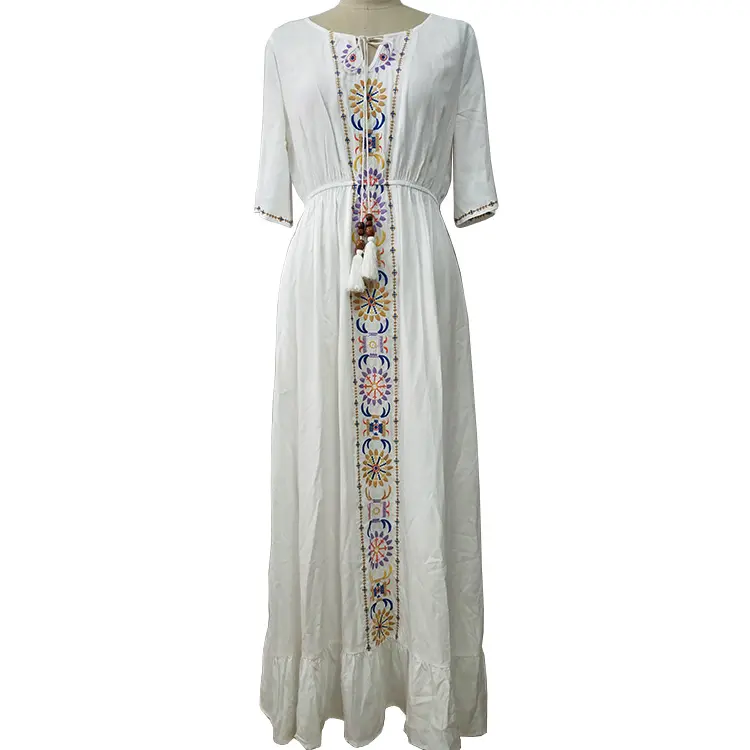 New Fashion Elegant Women Belted Maxi Dress Embroidered Flower Print O-Neck Long Sleeve Bohemian dress