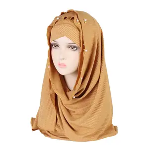 Muslim Women Ethnic Clothing Hijab Cap Set Solid Color Pearl Decorate Scarf and Matching Under Cap
