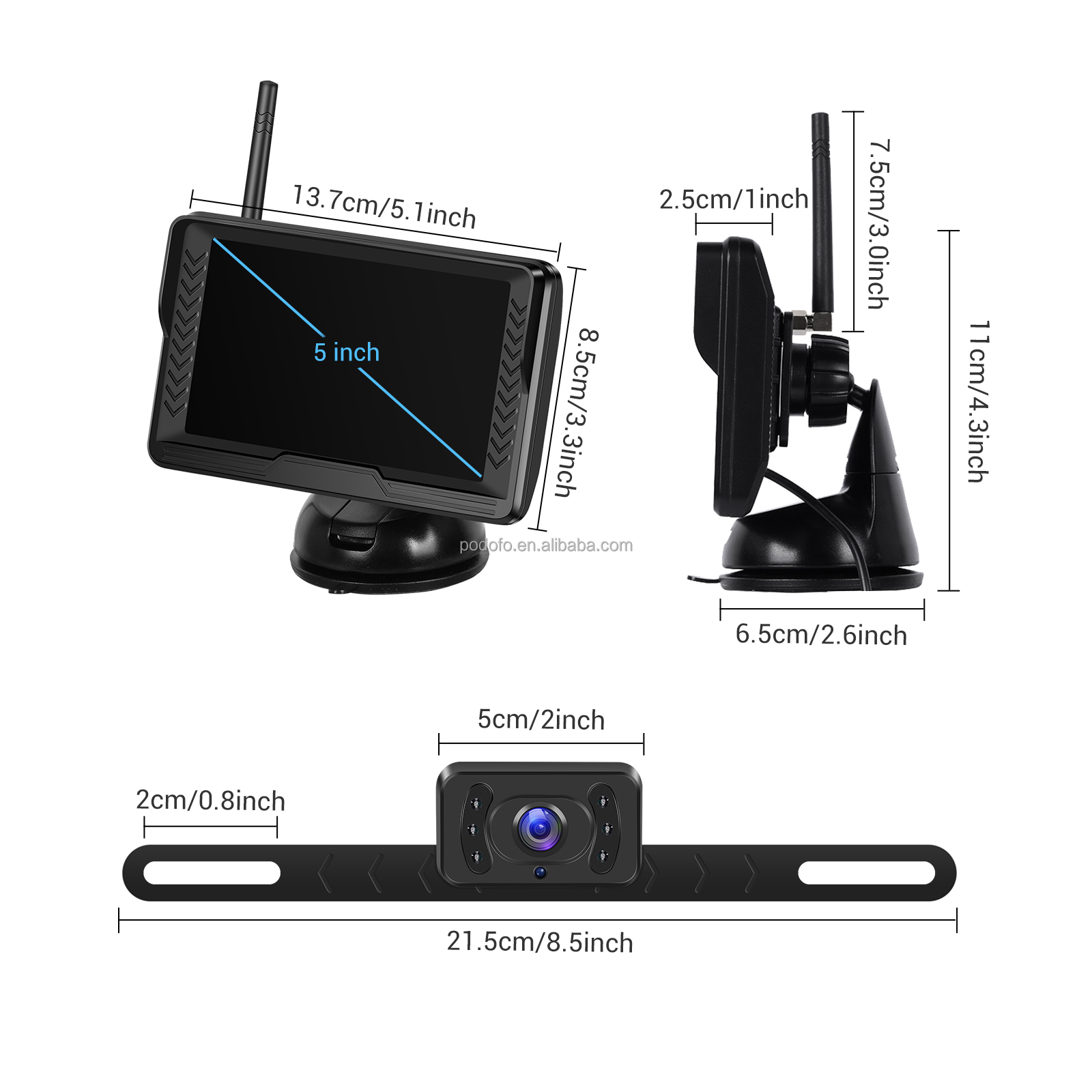 Podofo Rückfahrkamera Kabellos AHD mit Monitor HD 5 Zoll