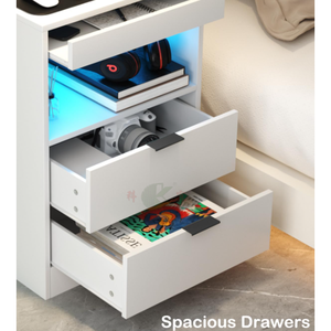 Table de chevet moderne blanche à LED avec station de charge, ports USB et prises électriques, tiroir pour les petites chambres - Product Image 3