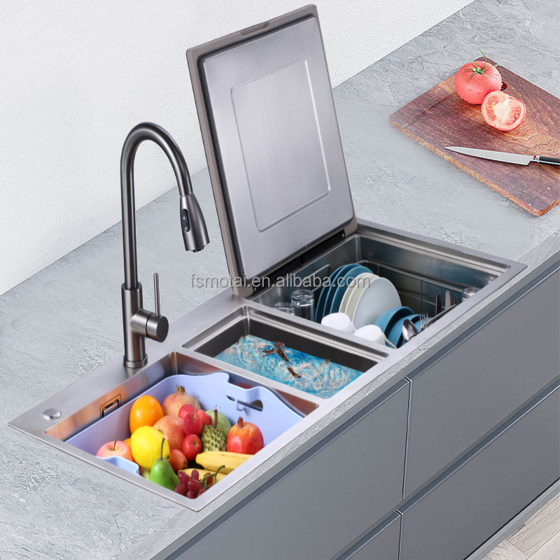 LARGE Size Smart Built-in Dishwasher Sink Ultrasonic Cleaner Fregaderos Washing Machine Air Drying Dish Washer with Seafood tank
