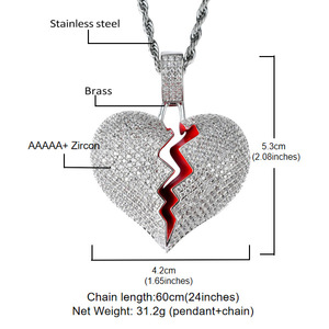 Collier Pendentif Cœur Brisé Iced Out en Laiton CZ Doré Argenté avec Chaîne Corde, Bijoux Hip Hop pour Hommes Femmes, Cadeau - Product Image 2