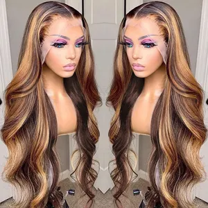 Peruca de cabelo humano colorido para mulheres pretas, peruca ombre de corpo com onda frontal, 32 34 36 38 40 polegadas, 13x6 destaque