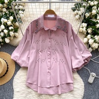 Chemisiers et chemises pour femmes personnalisés, chemise à col à manches lanternes ornée de diamants, chemise ample à simple boutonnage, haut décontracté pour femmes