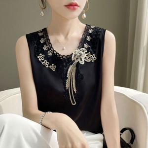 Canotta Estiva da <span class=keywords><strong>Donna</strong></span> 2025 in Pizzo Tinta Unita, Maglia Senza Maniche in Raso - Product Image 5