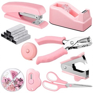 Kit d'accessoires de bureau Bview BVD10 Art, 10 pièces, en plastique rose, comprenant un dévidoir de ruban adhésif, des clips à papier et des ciseaux, pour usage professionnel. - Product Image 2