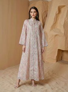 Floral Print Silk Abaya <b>Dress</b> With Stand Collar <b>Long</b> Sleeve Floor Length Modest Style <b>For</b> Women Daily Wear sequin stitching - Product Image 5